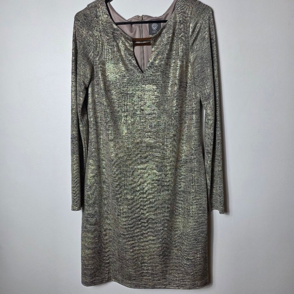 Vince Camuto Metallic V Neck Keyhole Dress Size 8 Gold Sparkle Long Sleeve‎